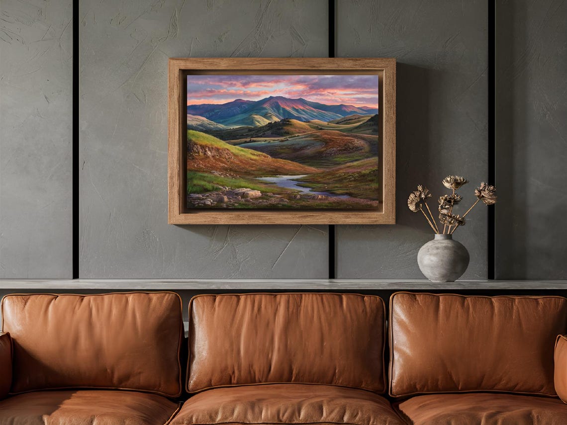 Mountain Valley Sunset Winding River Rolling Hills Landscape Print - Image 2