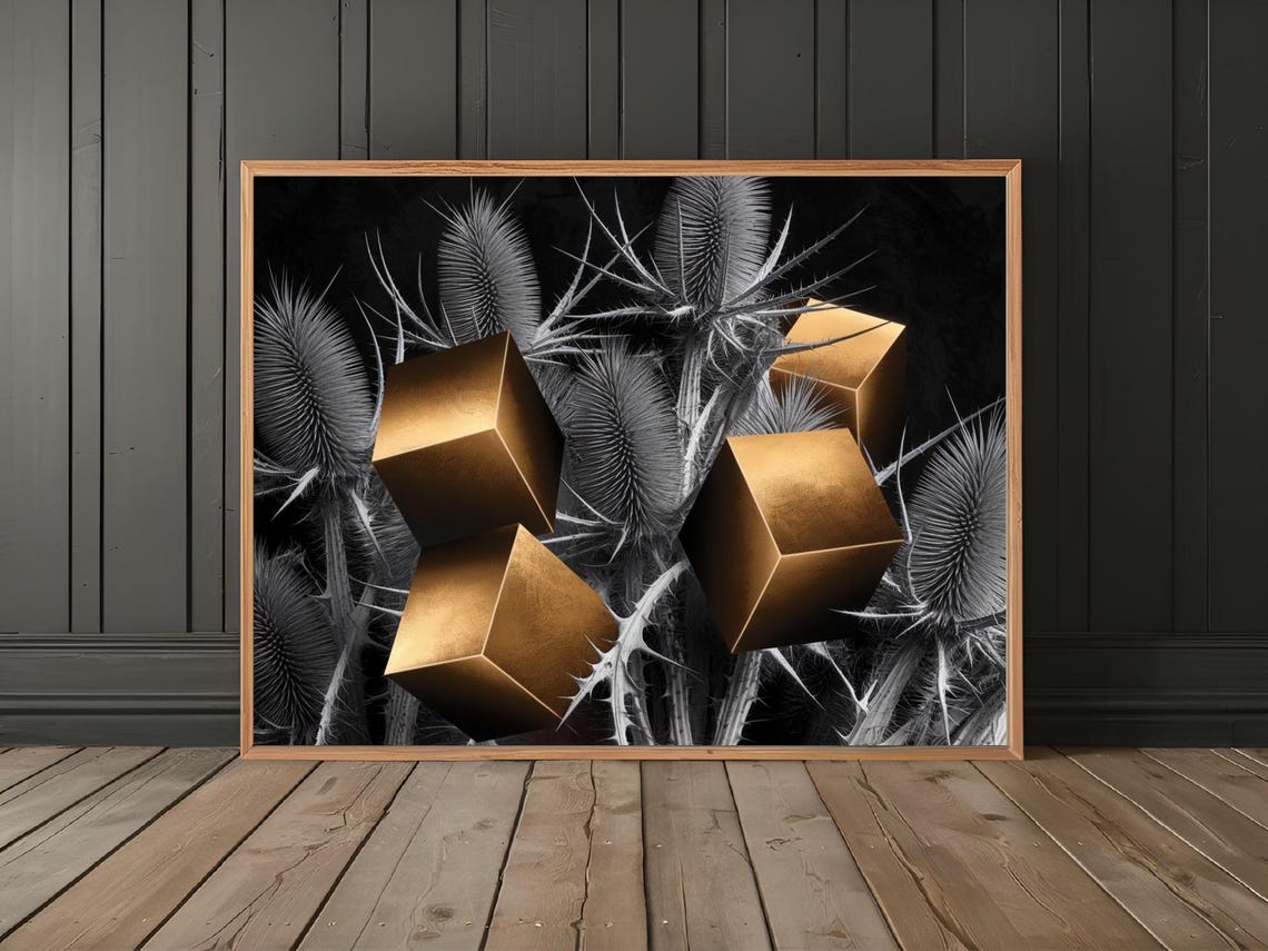 Golden Cubes Among Black White Thistles Surreal Botanical Poster - Image 3
