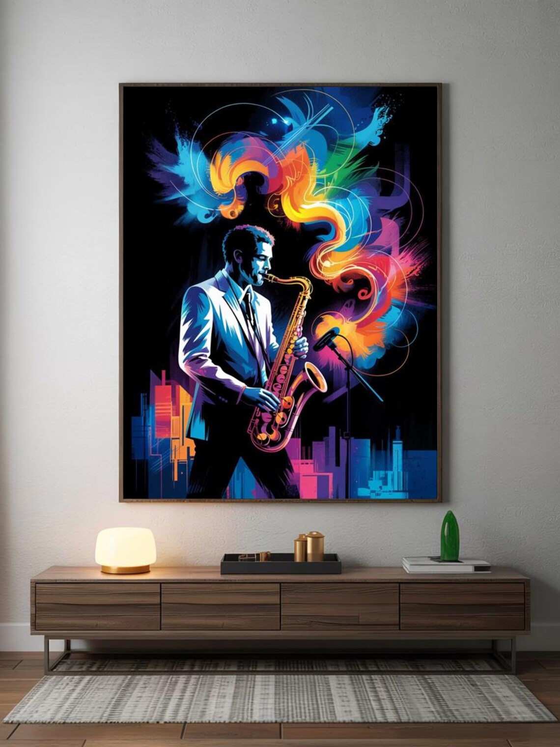 Neon Jazz Saxophonist Performing With Colorful City Skyline Poster - Image 3