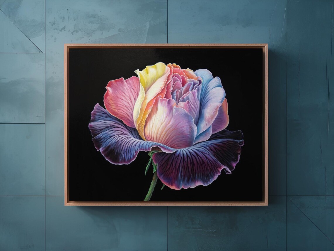Juliet Rose Striated Ruffled Petals Pink Blue Floral Wall Art - Image 2