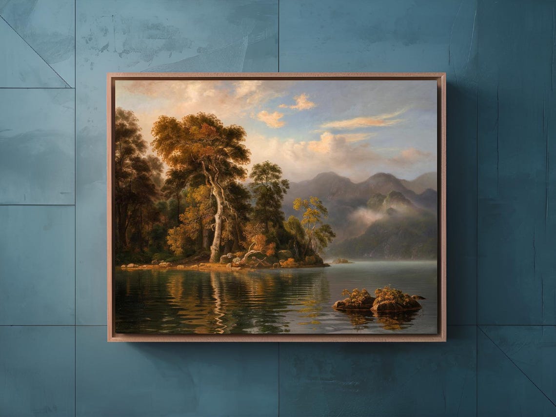 Classic Lakeside Trees and Mountains Vintage Oil Painting Poster - Image 3