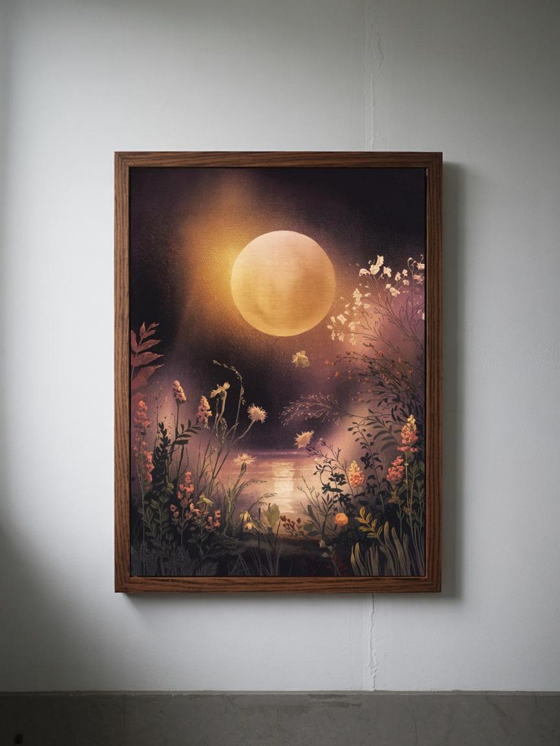 Golden Full Moon Over Night Wildflowers and Still Water Poster - Image 3