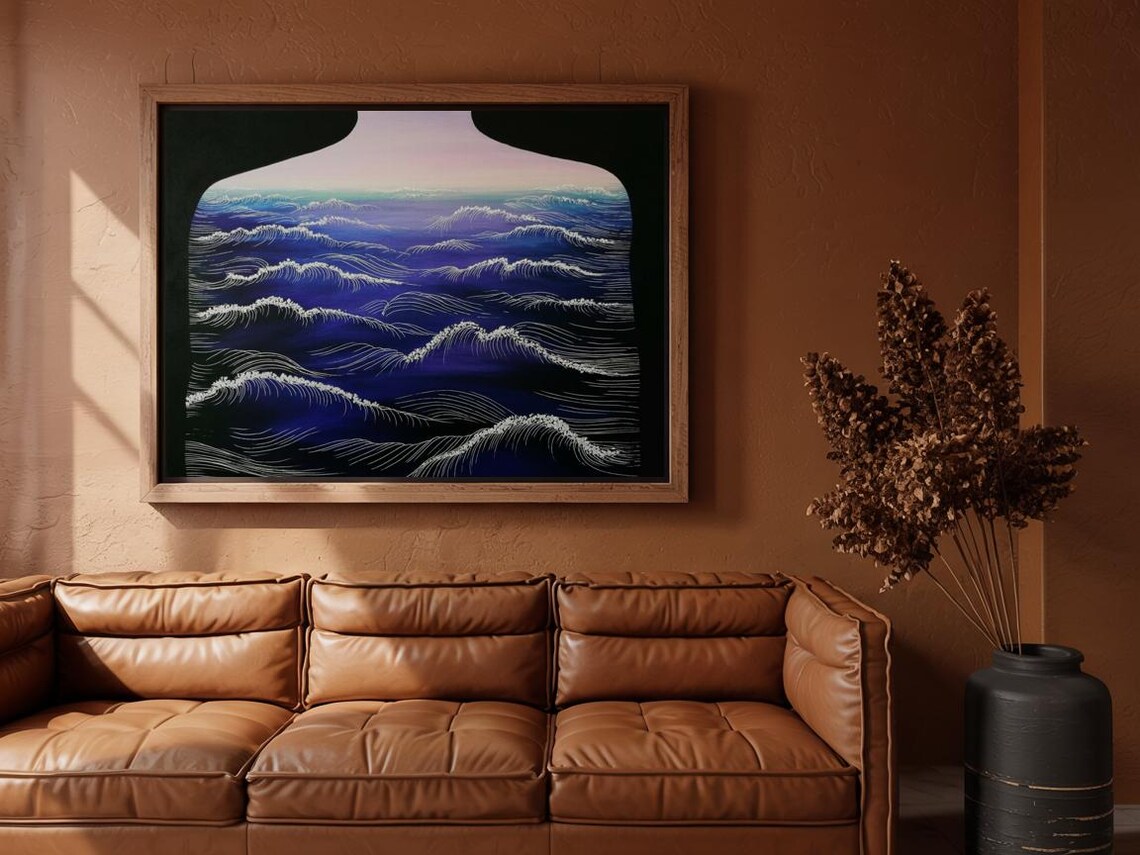 Vast Ocean Silhouette Indigo Waves Through Arch Line Art Poster - Image 3