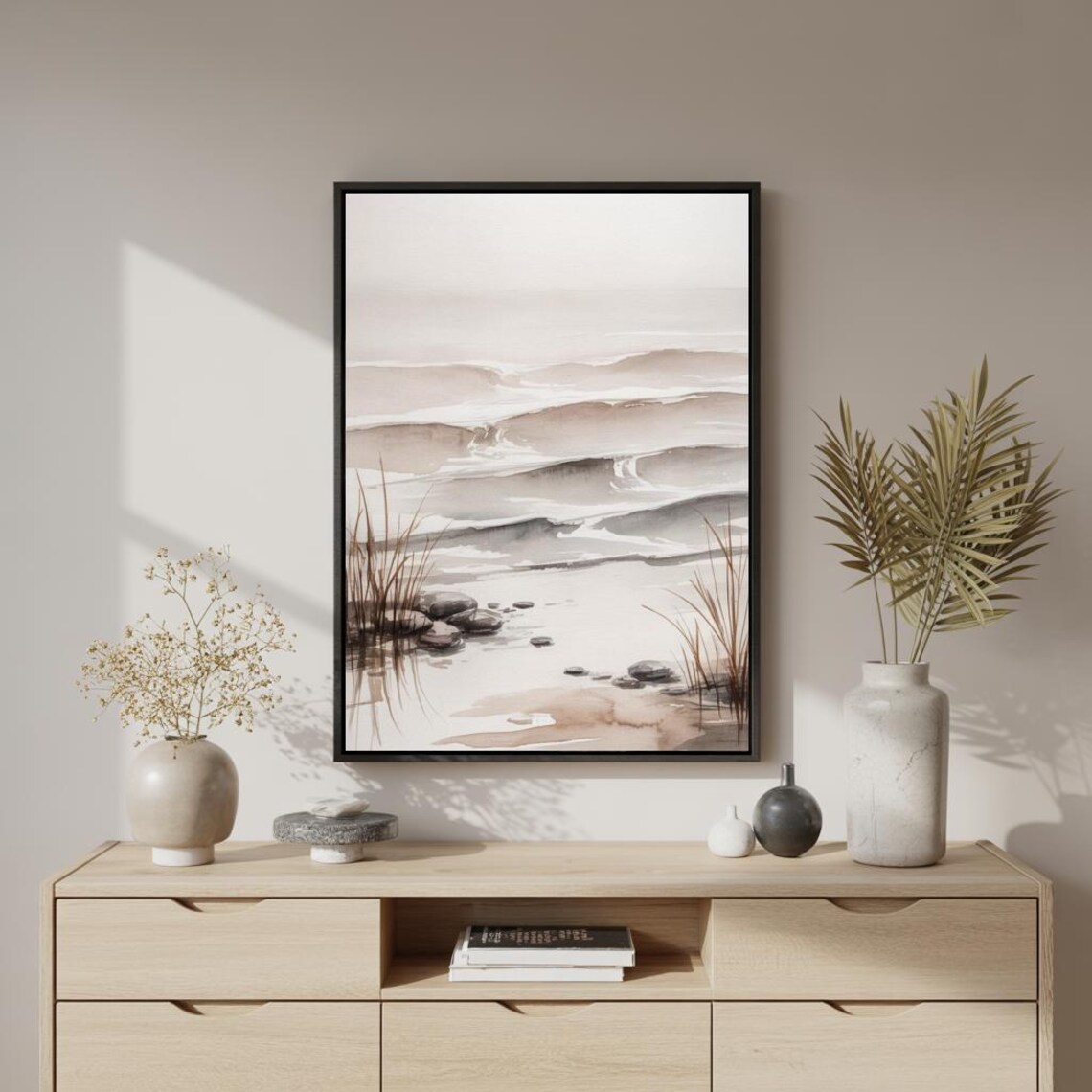 Minimalist Watercolor Seashore with Rolling Waves and Beach Grass Poster - Image 2