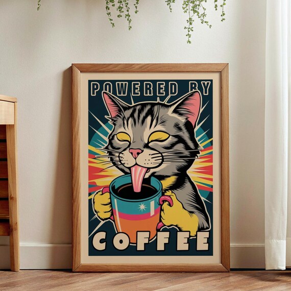 Cute Cat Coffee Poster, Retro Kitchen Decor
