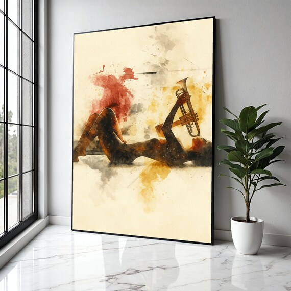 Abstract Watercolor Jazz Musician Reclining With Trumpet Poster