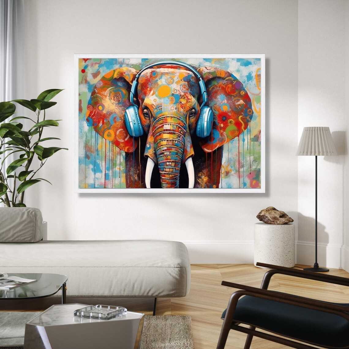 Elephant Wearing Headphones Colorful Splatter Pop Art Poster