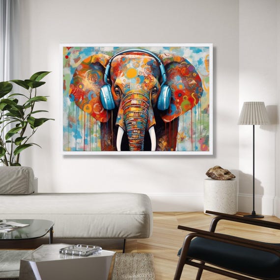 Colorful Elephant With Headphones Canvas Modern Abstract Animal Art Vibrant Wildlife Wall Decor Contemporary Gift Home Print