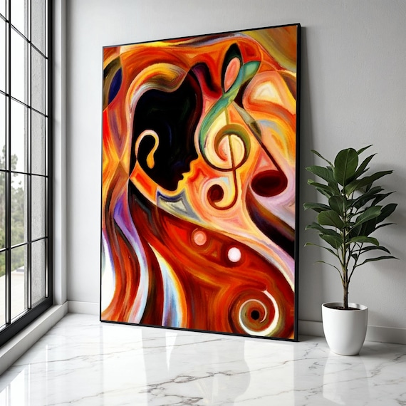 Musician Silhouette Treble Clef Fiery Abstract Color Swirl Poster