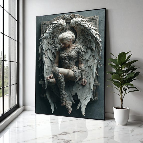 Ethereal Angel Sculpture Canvas Winged Woman Wall Art Fantasy Home Decor Ornate Gothic Design Detailed Gift Print