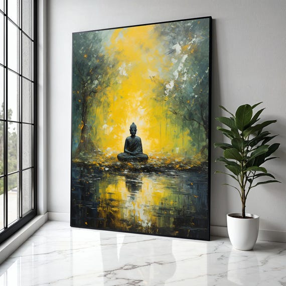 Meditative Buddha In Golden Forest Canvas Spiritual Wall Art Tranquil Nature Reflection Zen Decor Peaceful Gift Home Print