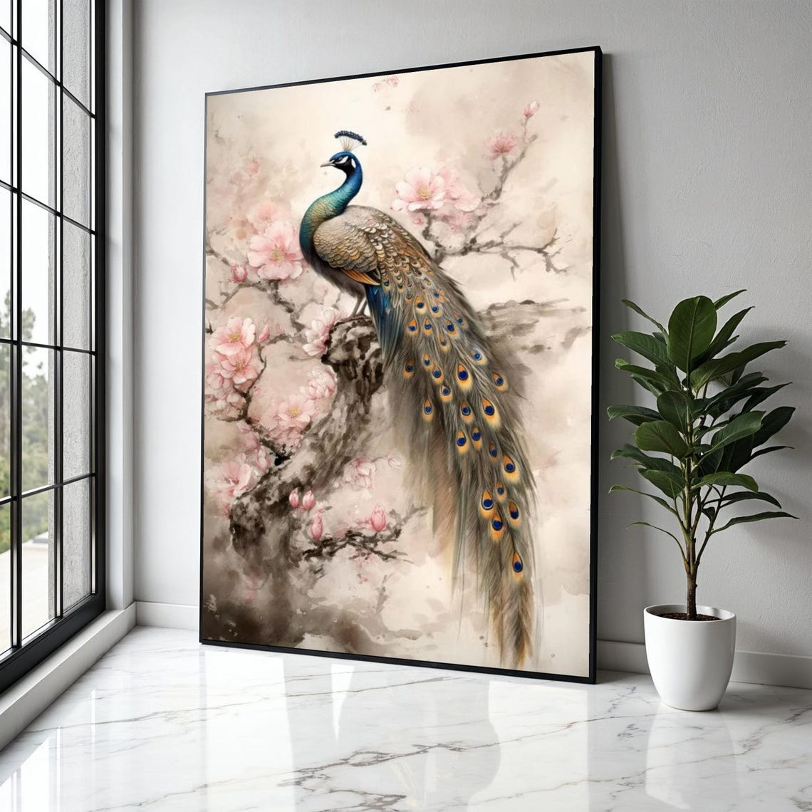 Elegant Peacock Cherry Blossom Branch Asian Watercolor Style Poster