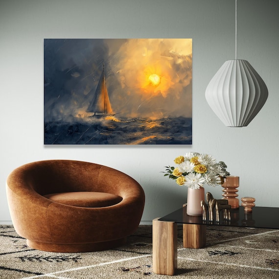 Sailboat Sunset Golden Sun Ocean Waves Dramatic Sea Painting Poster