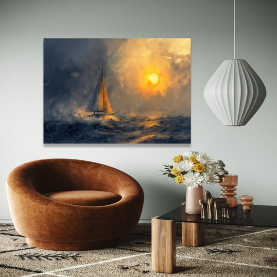 Sunset Sailing Canvas Wall Art Ocean Boat Illustration Nautical Decor Sea And Sky Painting Modern Gift Home Print