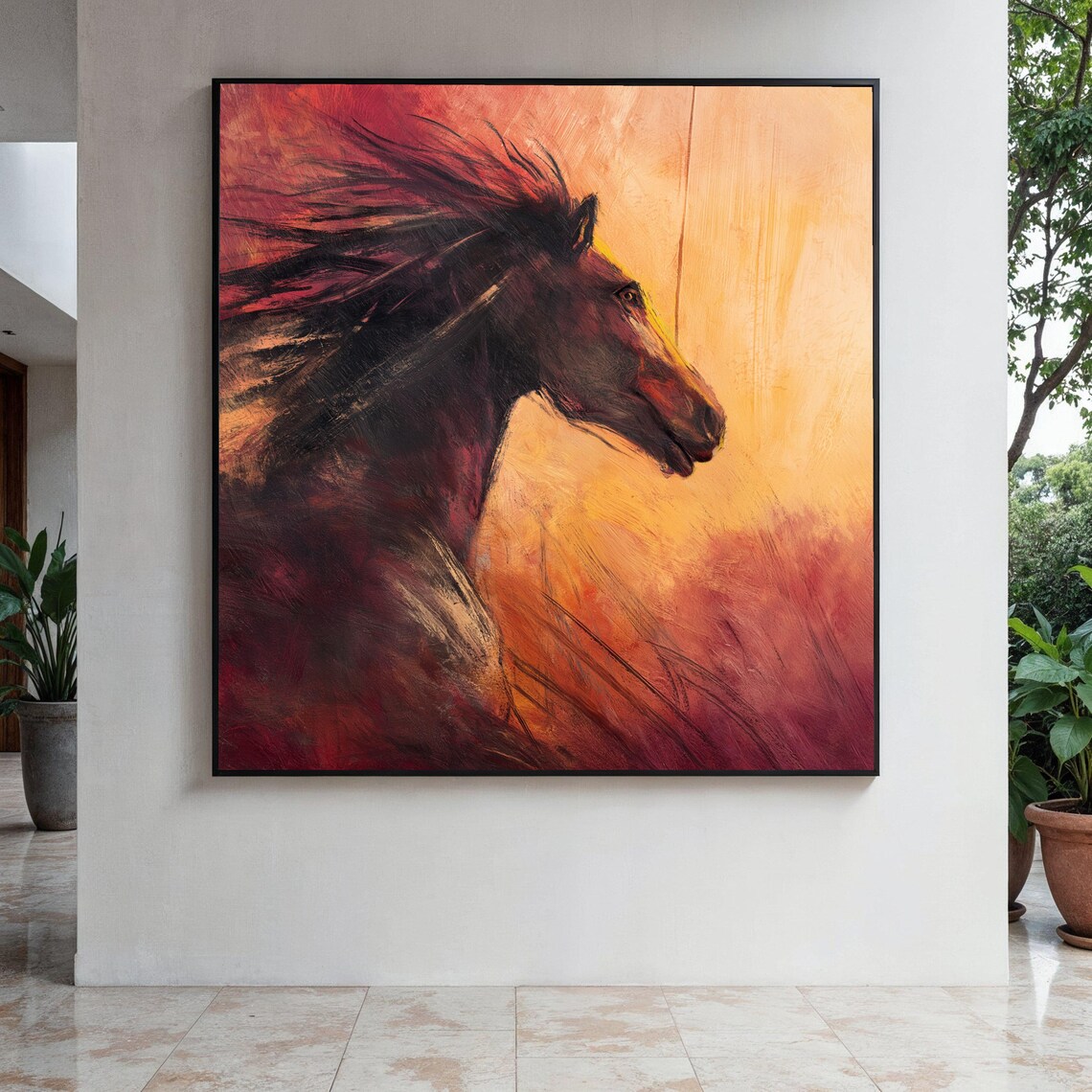 Galloping Horse In Bold Orange And Red Expressionist Art Poster