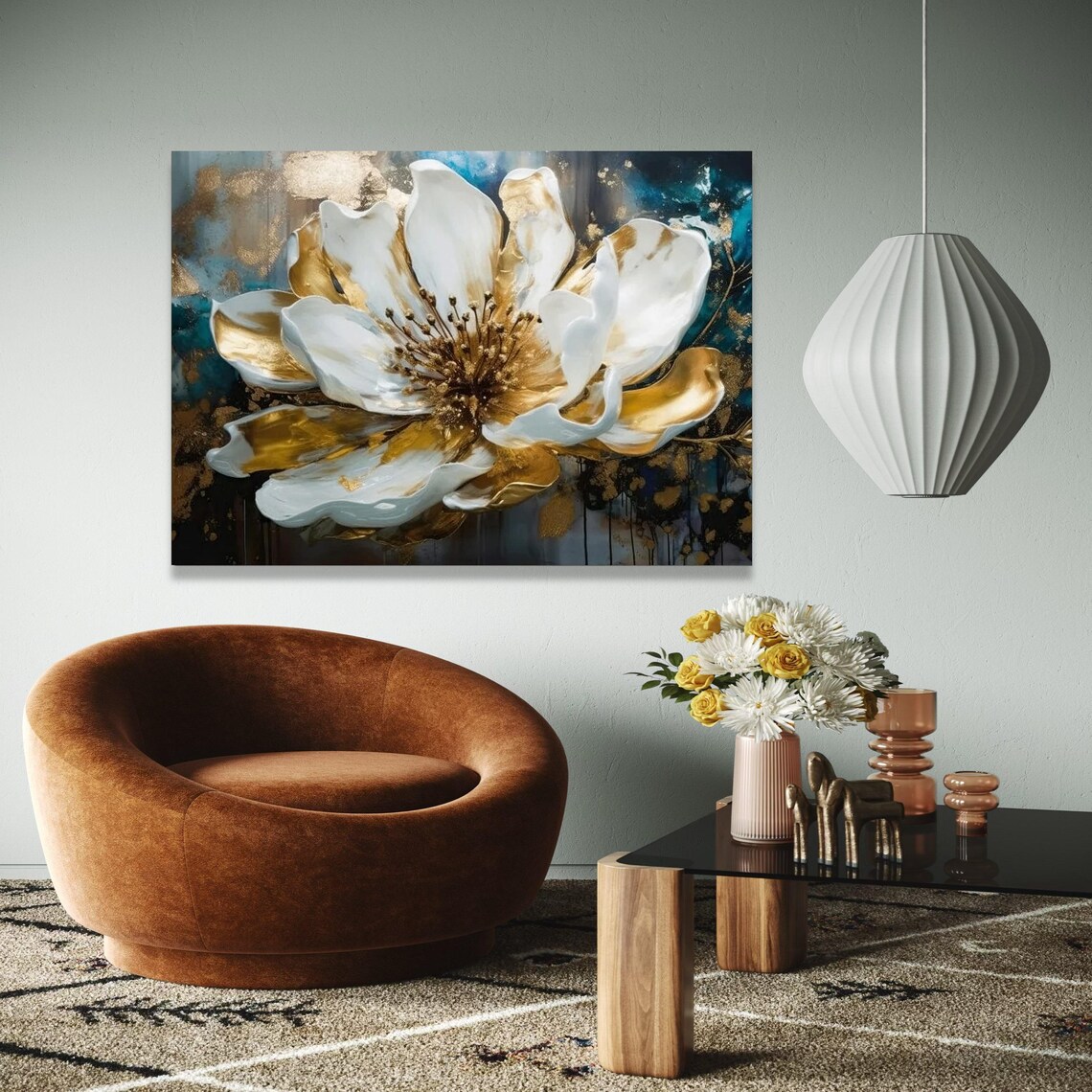 White Gold Flower Abstract Floral Teal Background Painting Poster
