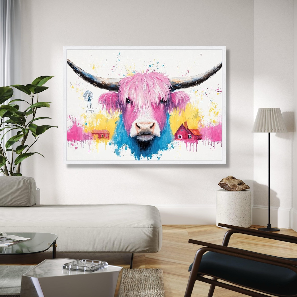 Pink Highland Cow Watercolor Farm Scene Countryside Decor Poster