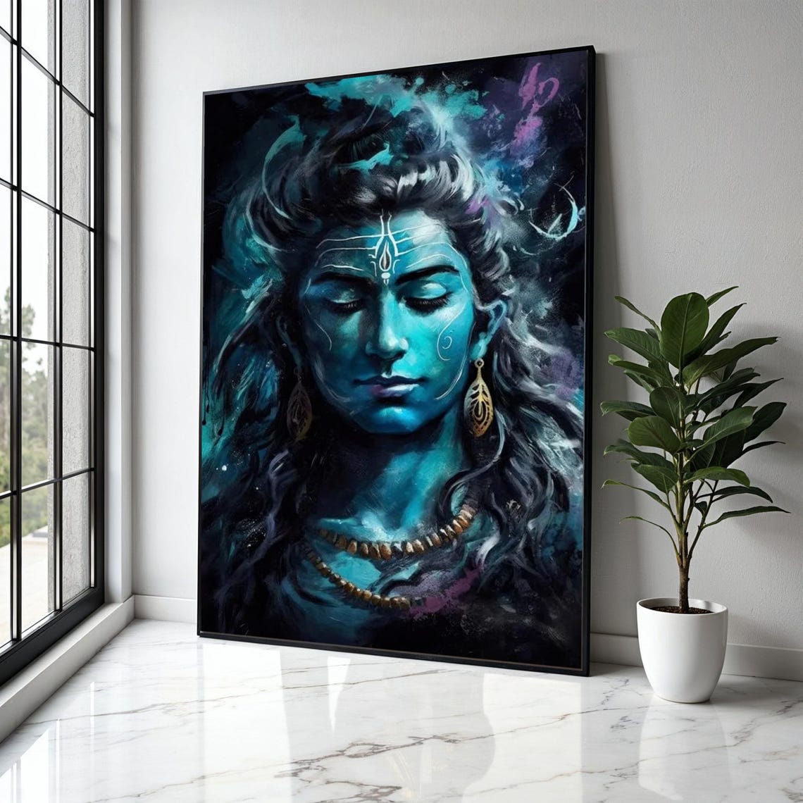Lord Shiva Blue Hindu Deity Serene Portrait Mystical Art Poster