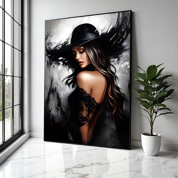 Elegant Woman Black Wide Brim Hat Glamour Portrait Fashion Poster