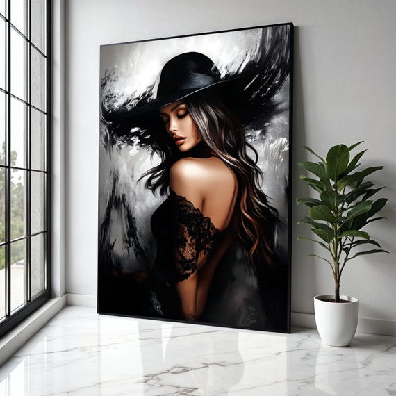 Elegant Woman In Black Hat Canvas Glamour Portrait Wall Art Stylish Female Figure Fashion Home Decor Modern Gift Print
