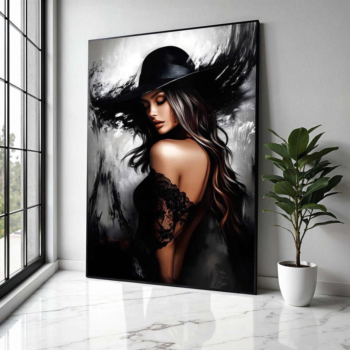 Elegant Woman Black Wide Brim Hat Glamour Portrait Fashion Poster