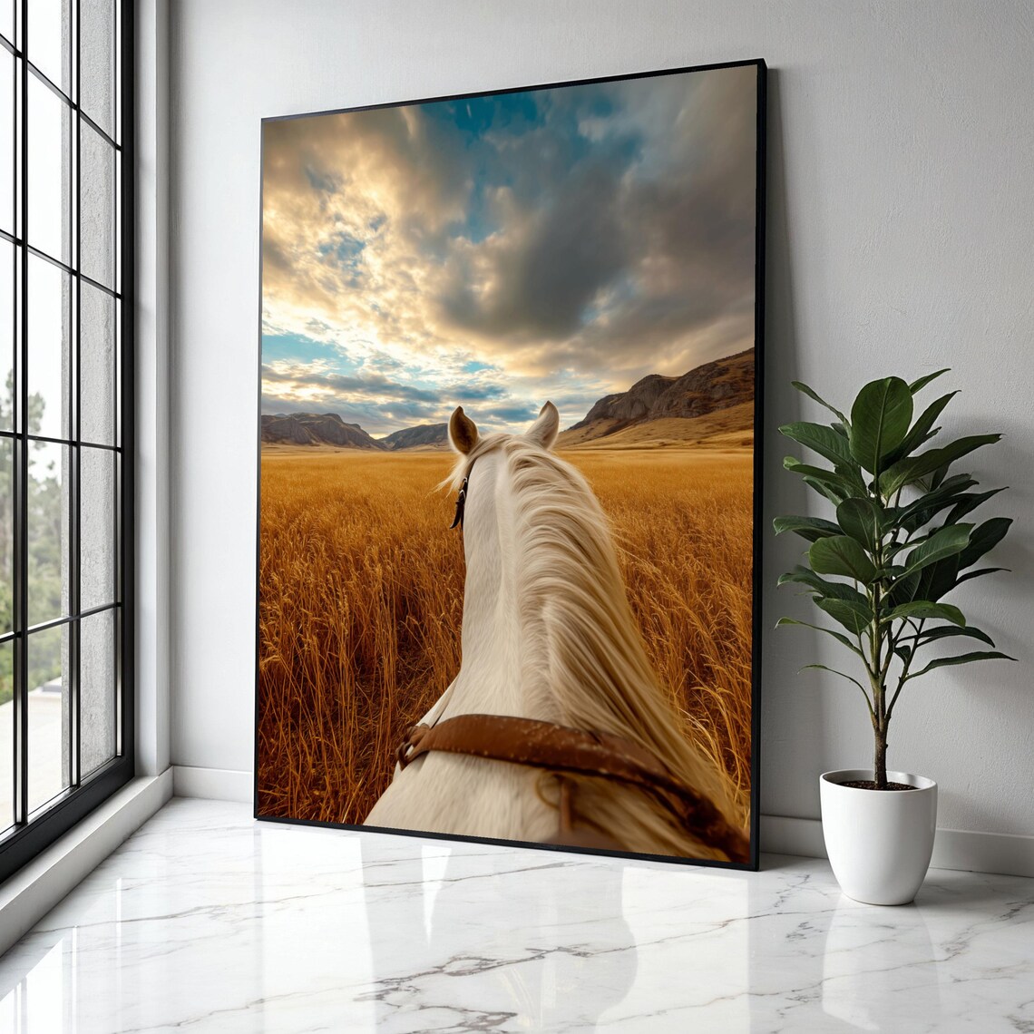 White Horse Golden Wheat Field Sunset Riding View Painting Poster