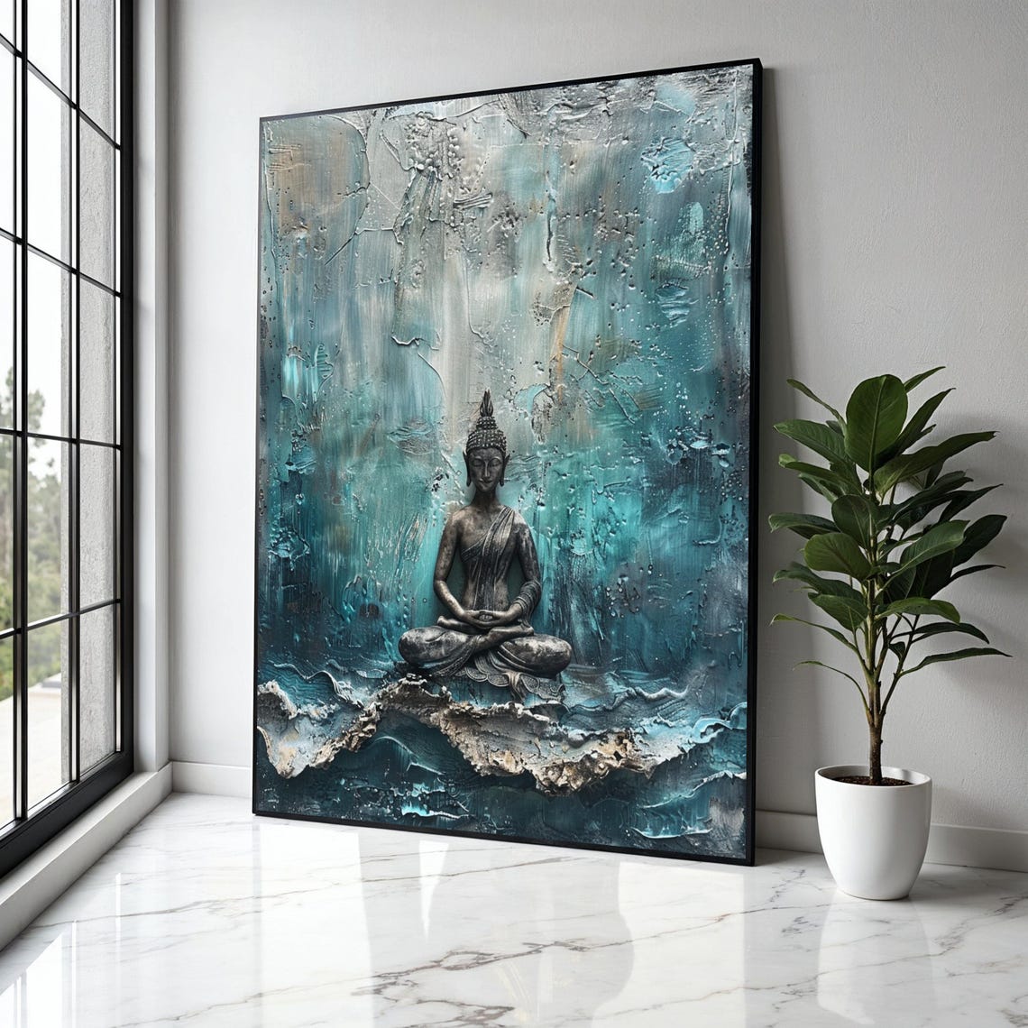 Bronze Buddha Meditating Teal Abstract Textured Ocean Art Poster