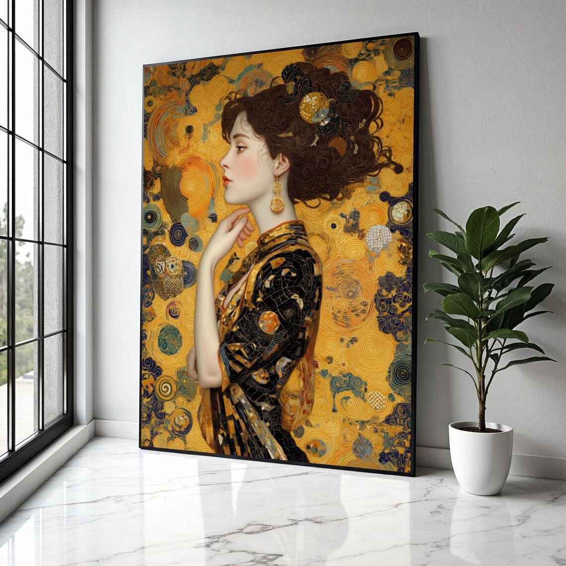 Klimt Style Woman Profile Golden Swirl Mosaic Elegant Portrait Art Poster