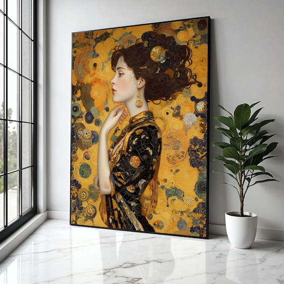 Klimt Style Woman Profile Golden Swirl Mosaic Elegant Portrait Art Poster