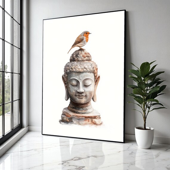 Robin Bird Perched Buddha Head Watercolor Minimalist Zen Nature Art Poster