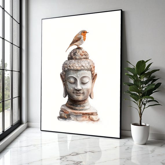 Tranquil Buddha Canvas Wall Art With Robin Bird Zen Meditation Decor Spiritual Nature Artwork Peaceful Gift Home Print