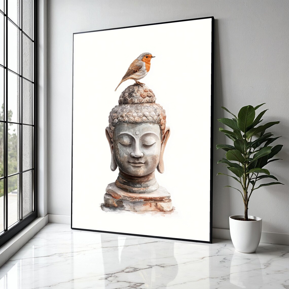 Robin Bird Perched Buddha Head Watercolor Minimalist Zen Nature Art Poster