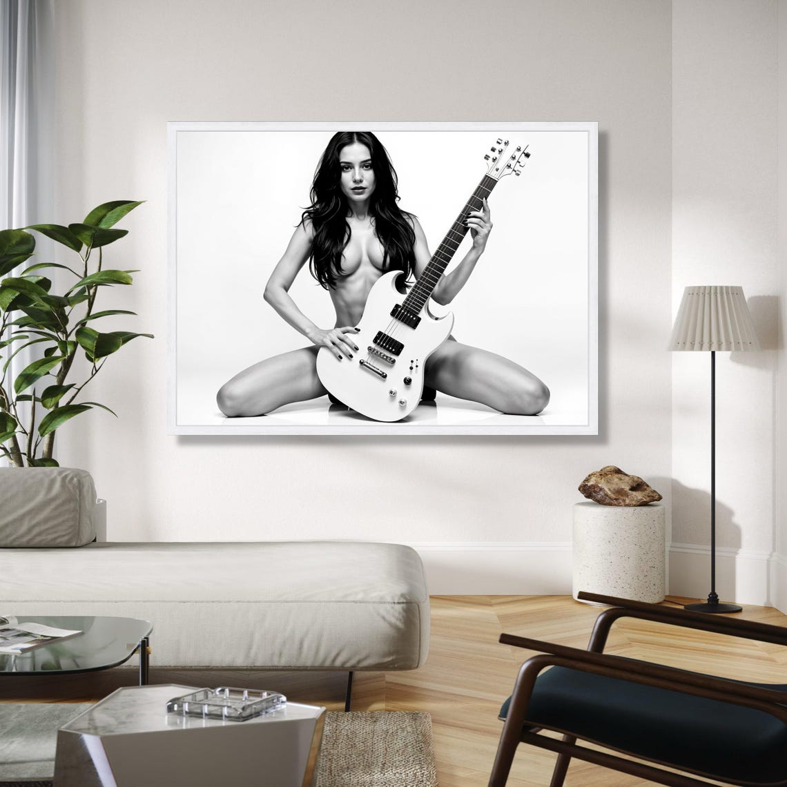 Monochrome Nude Figure With White Electric Guitar Rock Poster