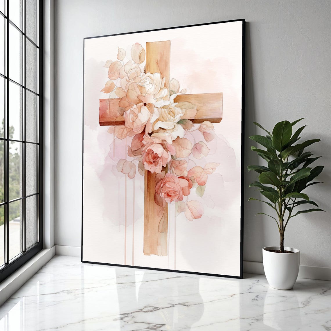 Rustic Wooden Cross With Blush Roses Watercolor Faith Poster