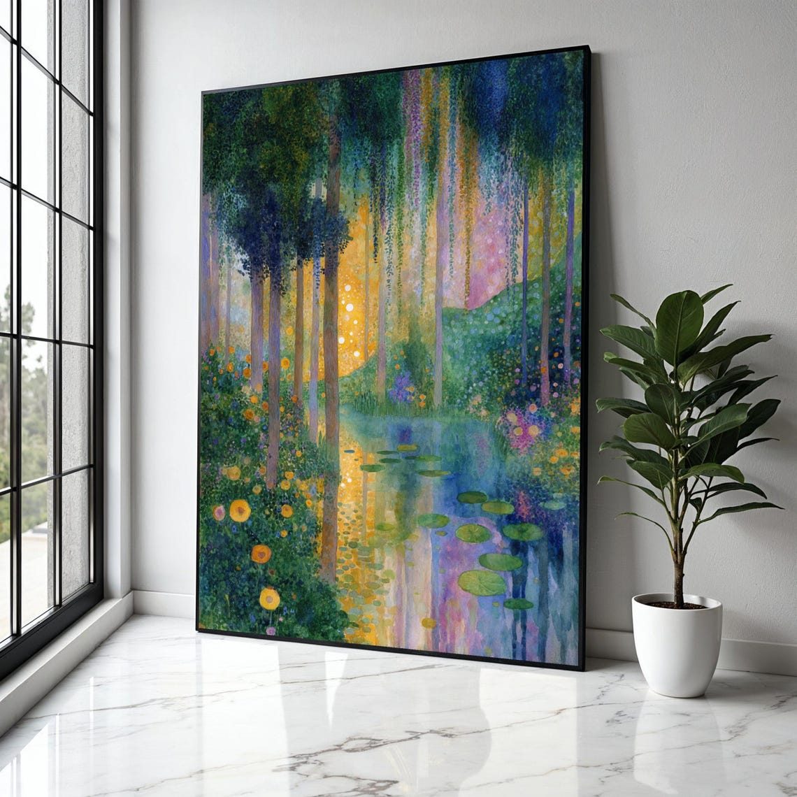 Dreamy Forest Pond Lily Pads Under Golden Light Painting Poster