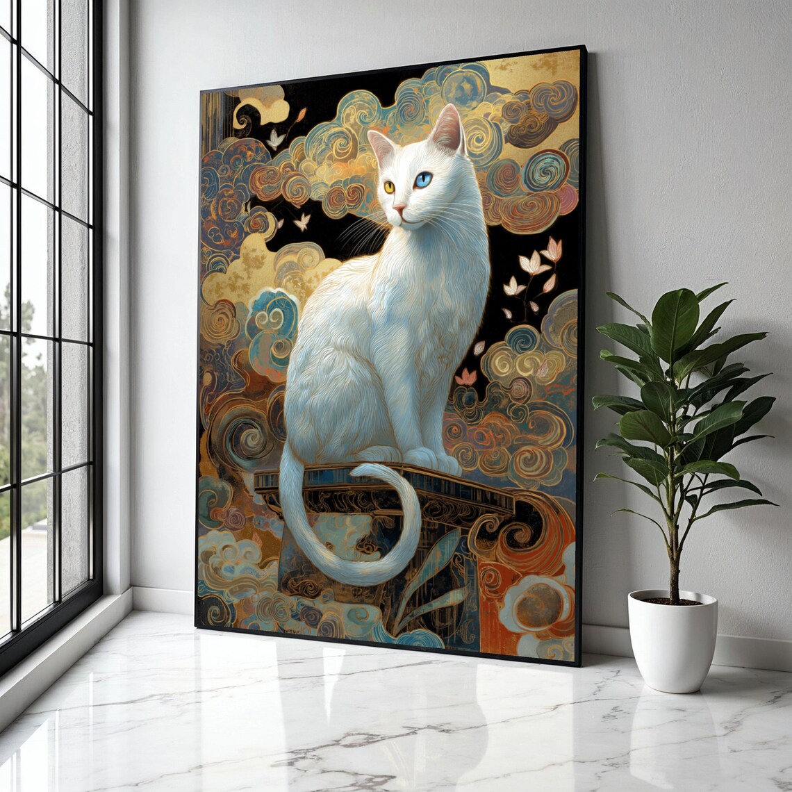 White Cat Heterochromia Golden Clouds Mystical Portrait Art Poster