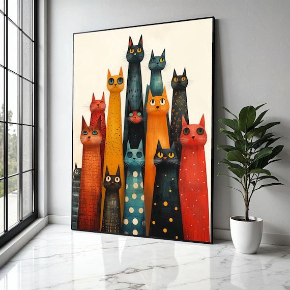 Whimsical Tall Cats Gathering Colorful Patterned Feline Art Poster