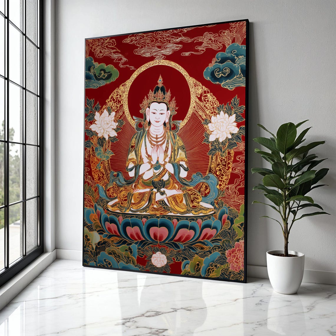 Tibetan Buddhist Deity Seated on Lotus Golden Thangka Poster