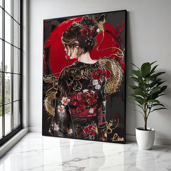Elegant Geisha In Floral Kimono With Golden Dragon Red Sun Poster