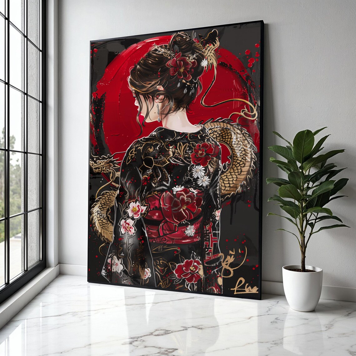 Elegant Geisha In Floral Kimono With Golden Dragon Red Sun Poster