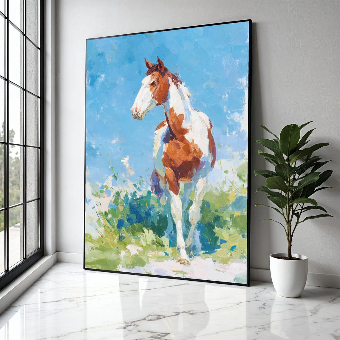 Pinto Horse Portrait in Blue Sky Impressionist Painting Poster