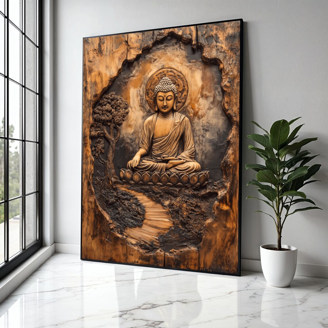 Carved Wooden Buddha Meditation Lotus 3D Relief Zen Spiritual Poster