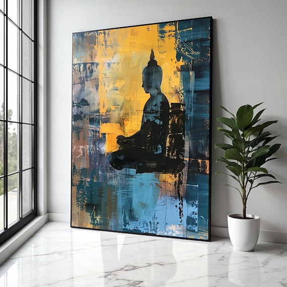 Buddha Silhouette Gold Teal Abstract Brushstroke Zen Meditation Art Poster