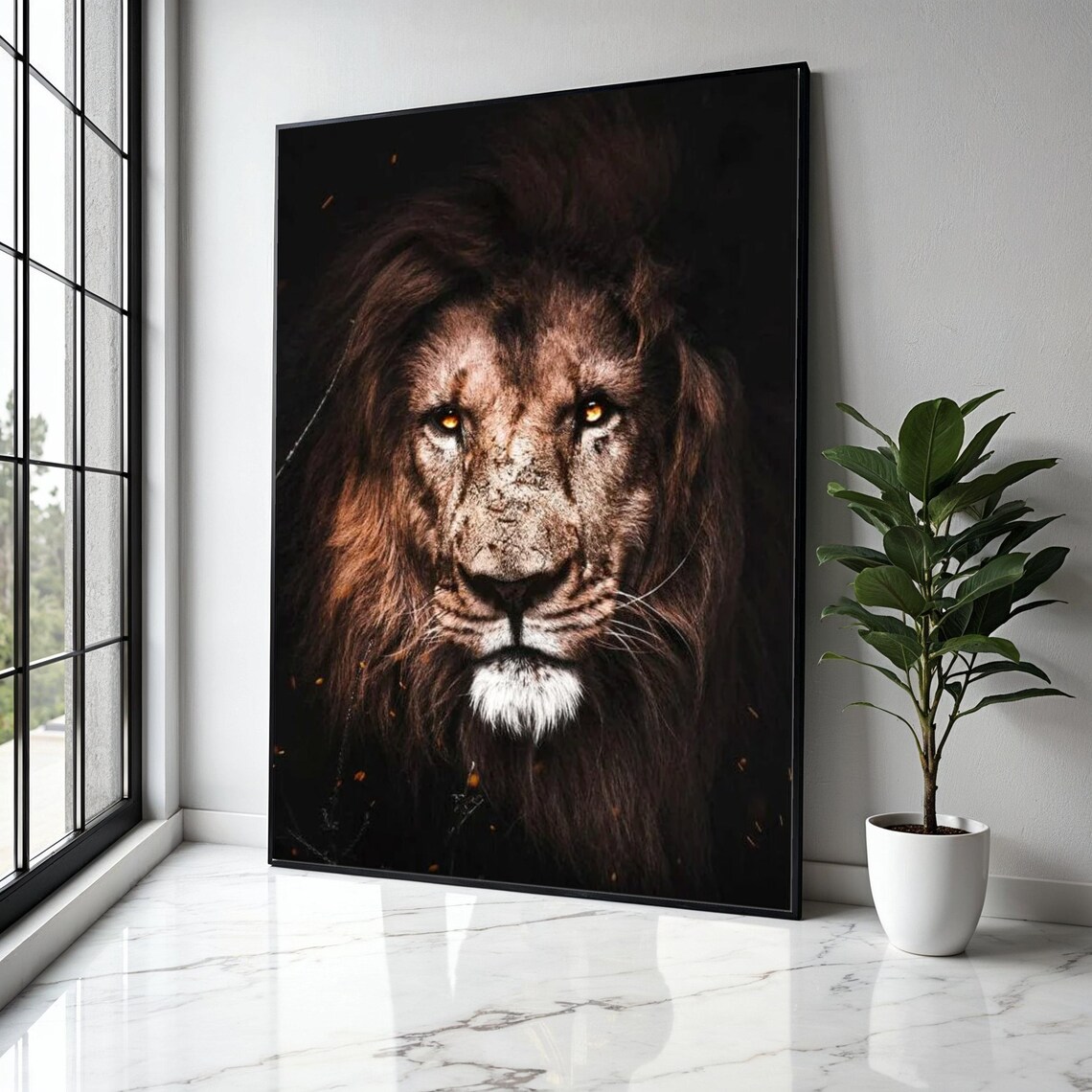 Fierce Lion Portrait Amber Eyes Dark Background Wildlife Poster