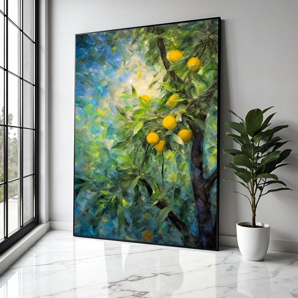 Sunlit Lemon Tree Branch Yellow Fruit Impressionist Painting Poster