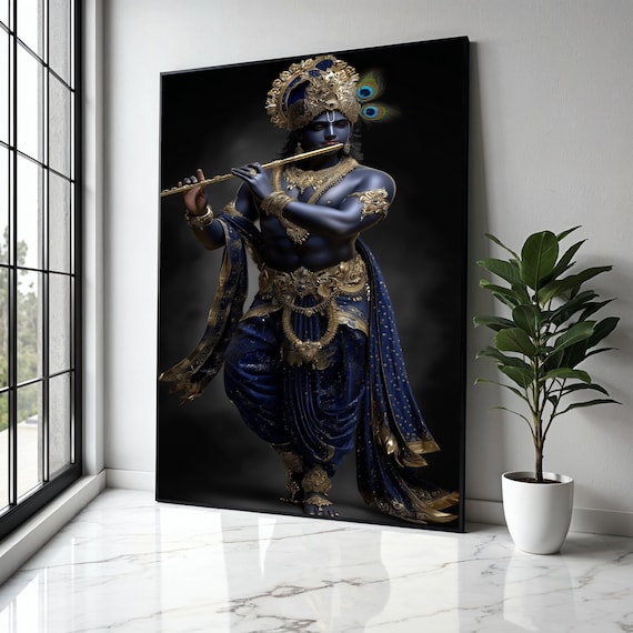 Lord Krishna Playing Flute Canvas Blue And Gold Mythology Wall Art Divine Hindu Deity Spiritual Gift Home Decor Print