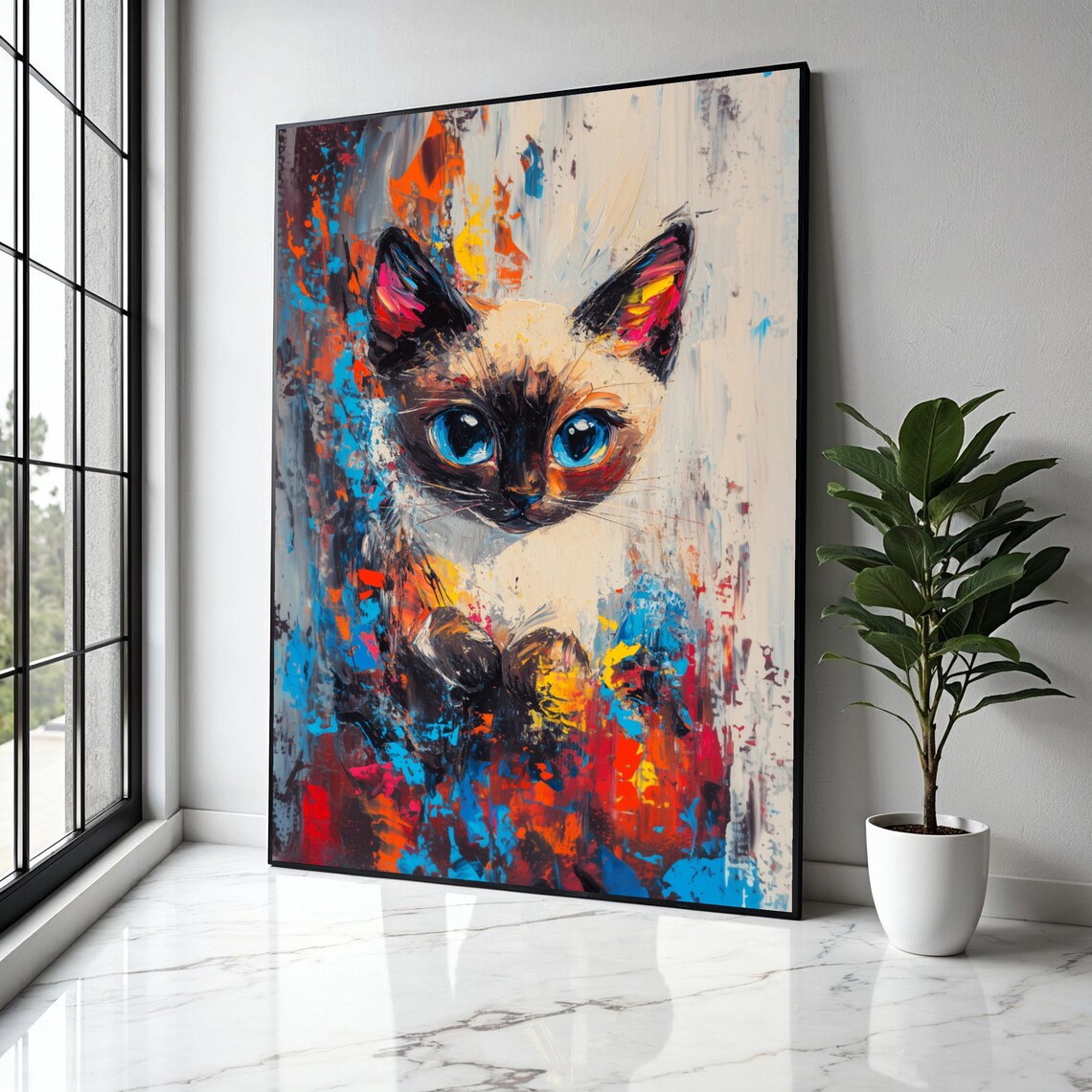 Siamese Cat Big Blue Eyes Colorful Abstract Feline Art Poster