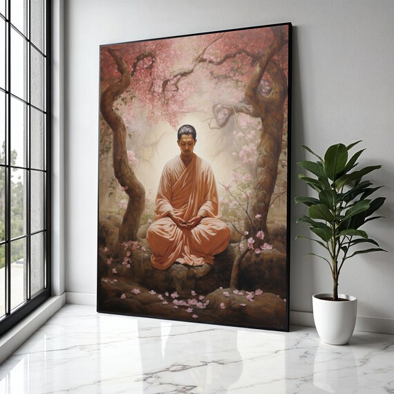 Monk Meditating Under Cherry Blossom Trees Pink Petals Poster