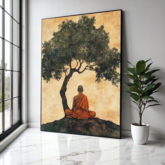 Meditating Monk Beneath Tree Parchment Gold Zen Calm Art Poster
