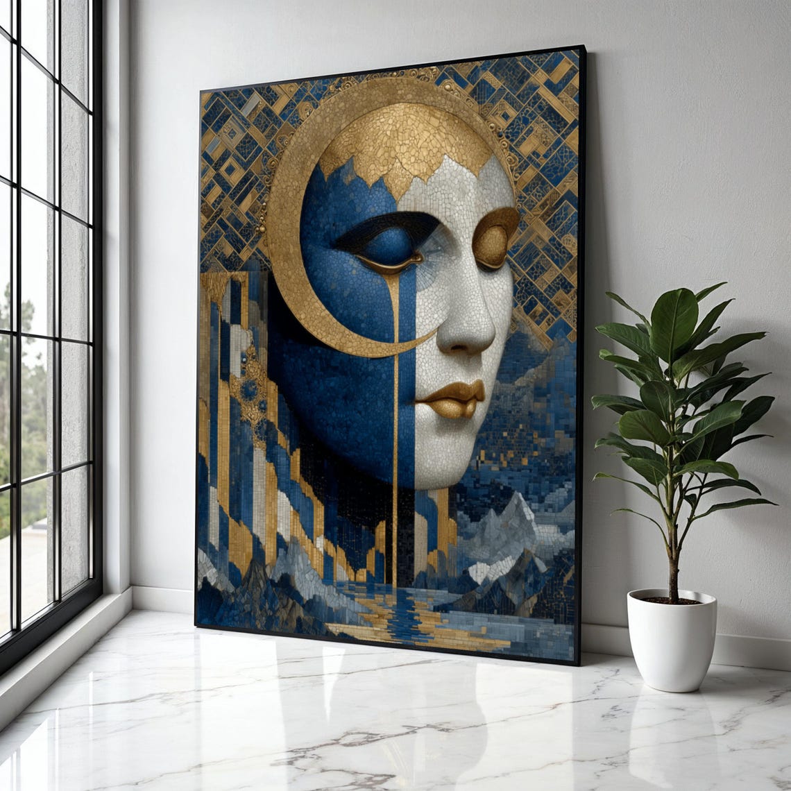 Blue And Gold Mosaic Woman Face Art Deco Elegant Abstract Poster